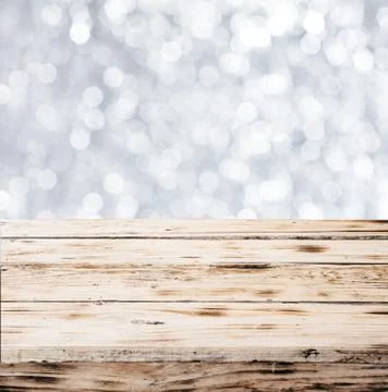 Rustic table made of wooden planks, in winter Stock Photos