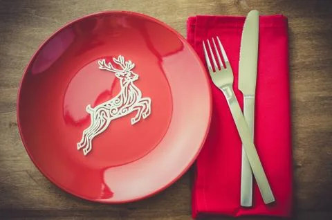 Rustic Table Setting for Christmas Holiday. Stock Photos