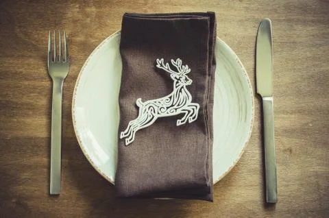 Rustic Table Setting for Christmas Holiday. Stock Photos