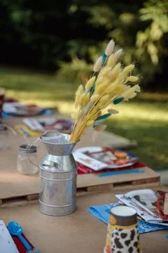 Rustic Table Setting with Dried Flower Centerpiece Stock Photos