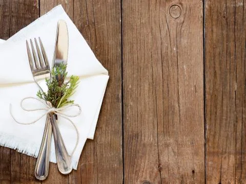 Rustic table setting on old wooden table Stock Photos