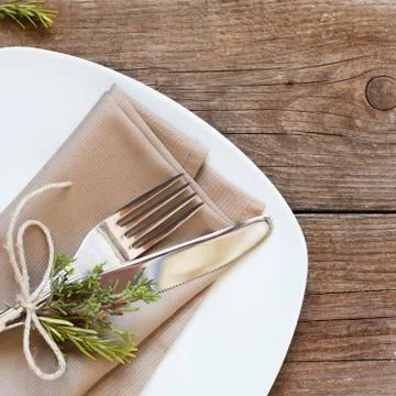 Rustic table setting on old wooden table Stock Photos