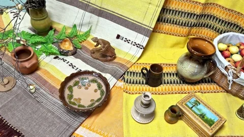 Rustic Table Setting with Pottery and Textiles for a Cozy Ambiance Stock Footage 321212869