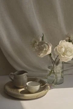 Rustic Teacups and White Roses on Wooden Tray Stock Photos