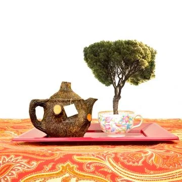 Rustic teapot and cup isolated, healthy concept Stock Illustration