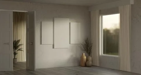 Rustic textured room with open double doors and triple frame mockups Stock Illustration