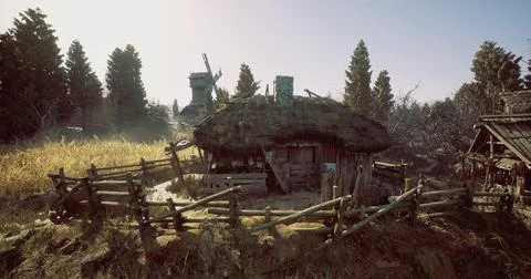 Rustic thatched cottage surrounded by nature in a tranquil landscape Stock Illustration