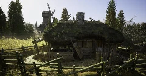 Rustic thatched cottage in a tranquil countryside setting with windmill Stock Illustration