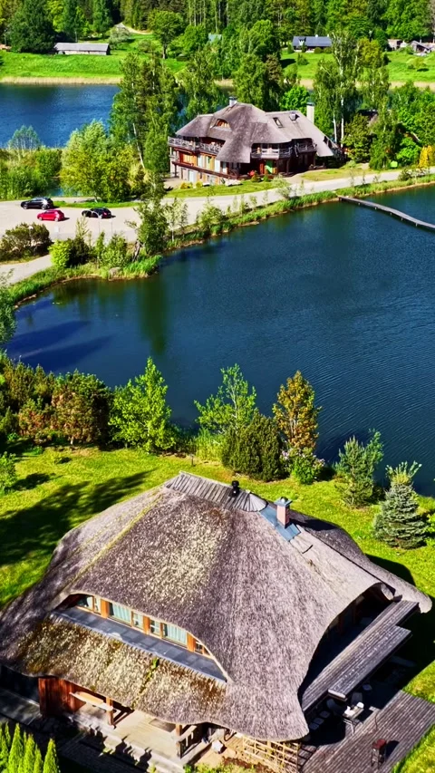 Rustic Thatched Homes Nestled by Tranquil Lakeside Setting Видео 336662417