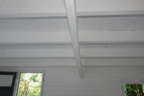 Rustic timber ceiling wood boards elements of construction of wooden roof Stock Photos