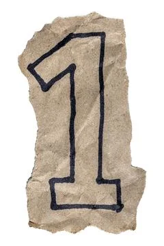 Rustic torn paper texture with bold hand drawn 1 numeral one Stock Photos