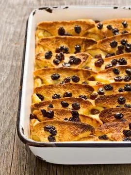 Rustic traditional british bread and butter pudding Stock Photos