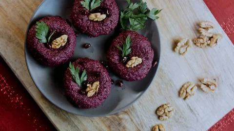 Rustic traditional recipe view: capturing walnut and beet texture Stock Photos