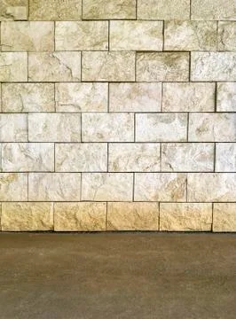 Rustic Travertine Stone Wall With Dirt Soil Ground Floor Stock Photos