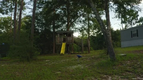 Rustic Tree House with a slide and Swing Stock Footage 156510475