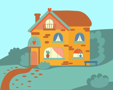 Rustic two-storey house. Architectural summer landscape. House of grandparents Stock Illustration