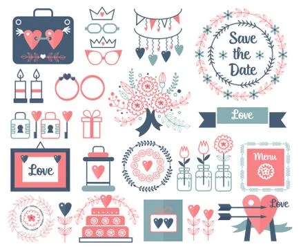 Rustic vector hand drawing wedding elements set. Floral vintage doodles, leaves 스톡 일러스트