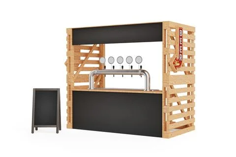Rustic Vibe Inviting Street Bar Setup. Wooden Beer Booth with Metal Taps an.. Stock Illustration