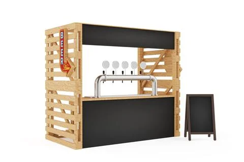 Rustic Vibe Inviting Street Bar Setup. Wooden Beer Booth with Metal Taps an.. Stock Illustration