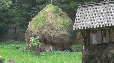 Rustic view day mountain traditional vintage farm grass yard construction design Stock Footage 35333867