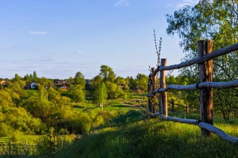 Rustic view with log fence and selective focus 库存照片