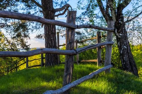 Rustic view with log fence and selective focus 库存照片
