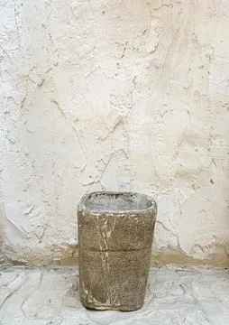 Rustic vintage clay pot. front view, close up. Copy space. Stock Photos