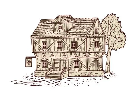 Rustic vintage pub old house, engraving vector illustration isolated on white. Stock Illustration
