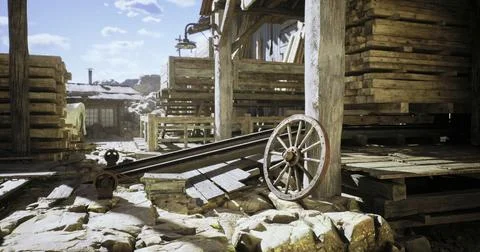 Rustic warehouse area with wooden structures and abandoned wheel details Illustrazione stock