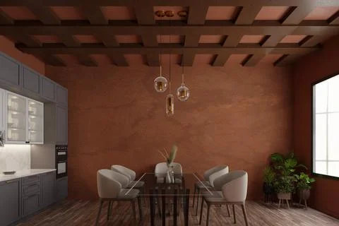 Rustic, warm-toned dining area with a modern kitchen Stock-Illustration