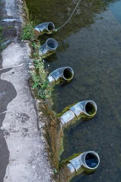 Rustic Water Drainage Pipes at the Edge of a Calm Pond Surrounded by Soft G.. Stock Photos
