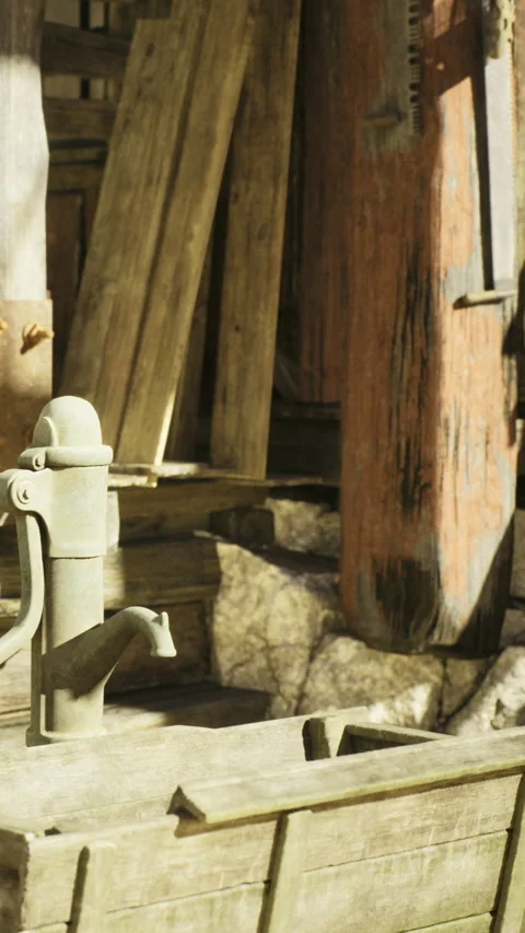 Rustic water pump beside charming wooden structure creates serene ambiance Stock Footage 331829902