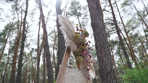 Rustic Wedding Arch with Ostrich Feathers and Flowers by forest Background Stock Footage 204928694
