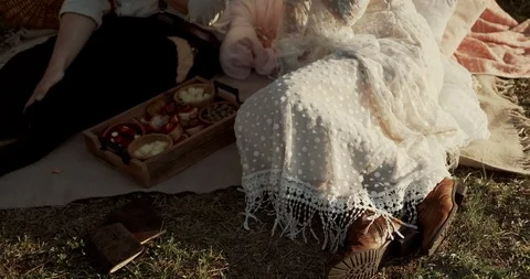 Rustic wedding, Bride and groom on a picnic Stock Footage 121152523