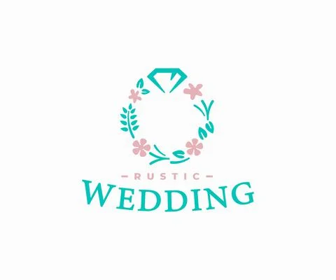 Rustic wedding logo. Bridal ring of flowers and plants with diamond vector Stock Illustration