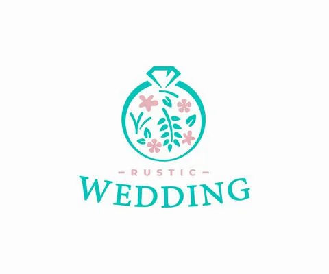 Rustic wedding logo. Bridal ring of flowers and plants with diamond vector Stock Illustration