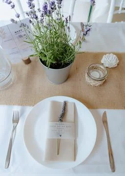 Rustic Wedding Table Setting with Lavende Stock Photos