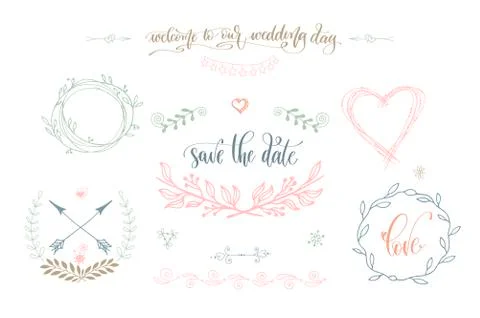 Rustic wedding vintage element set for save the date cards, wedding invitation Stockillustratie