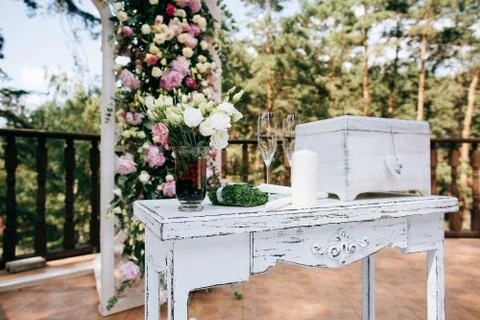 Rustic wedding wood box on table, wedding decoration. Stock Photos