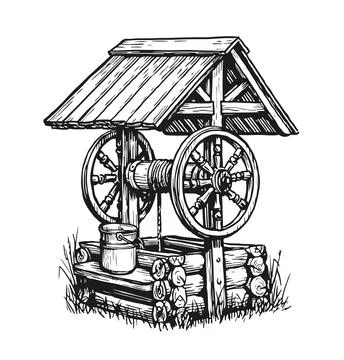 Rustic well with water. Hand drawn sketch vintage vector illustration Stock Illustration