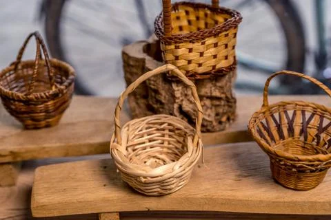 Rustic wicker baskets decoration vitrine. Home decor. Natural product. Handmade Stock Photos