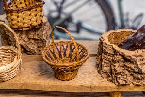 Rustic wicker baskets decoration vitrine. Home decor. Natural product. Handmade Stock Photos