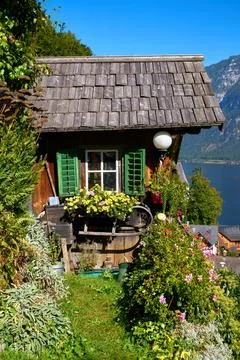 Rustic Window and Flower Box Hallstatt Austria Stock Photos