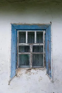 Rustic Window with Blue Frame and Weathered White Wall, Showcasing the Elegance Stock Photos