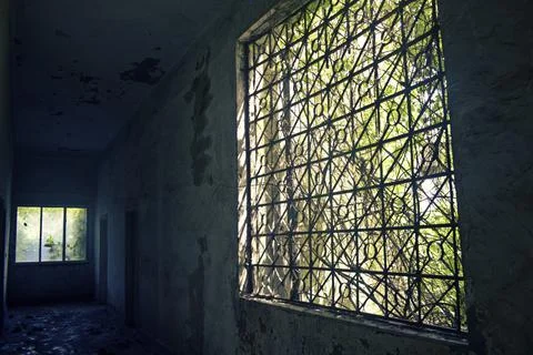 Rustic window framework in old abandoned building 스톡 사진