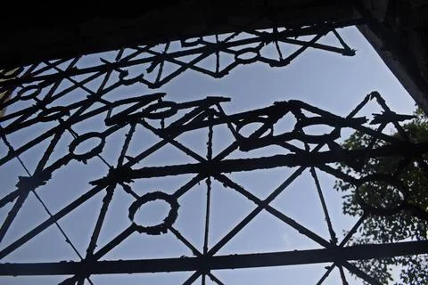 Rustic window framework in old abandoned building 스톡 사진