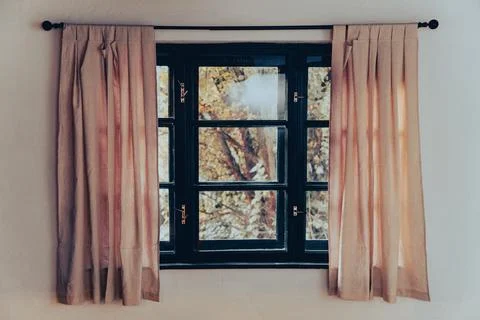 Rustic Window with Open Curtains Stock Photos