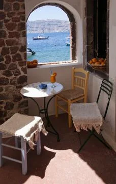 Rustic window with sea view in Greece Fotos de archivo