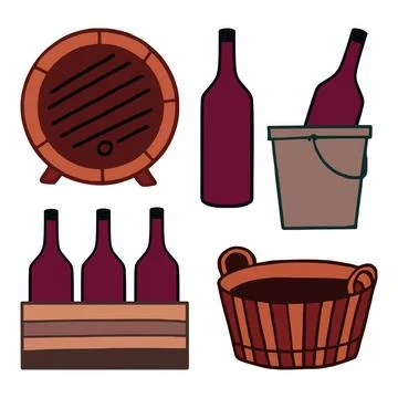 A rustic wine set with bottles, barrel, and containers in a vineyard setting Stock Illustration