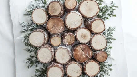 Rustic Winter Arrangement with Wood and Pine Branch Decor on White Stock Footage 294505891